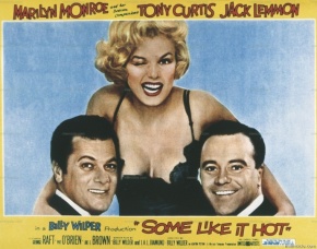 Cartel oficial de la película Some like it hot (traducida al español como Con faldas y a lo loco), película dirigida por Billy Wilder en 1959.